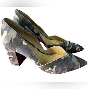 1.State Selim Heels Camo Leather Suede Pointed Toe Block Heel Size 8.5 M